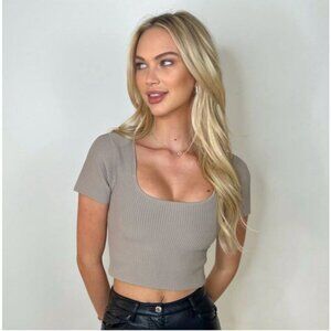 Gypsy & Jade Neutral Heather Ivory Grey Cropped Square Neckline Top Size XS/S